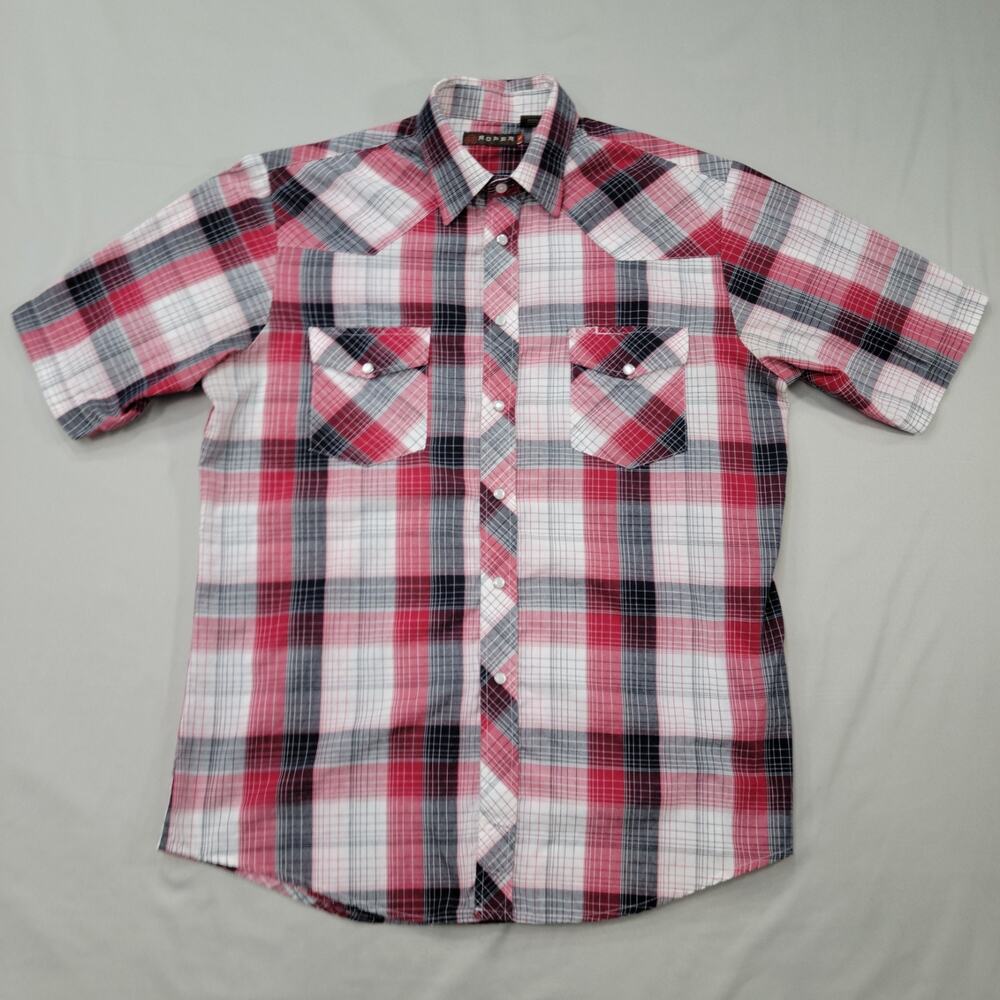 Roper Mens Western Pearl Snap Plaid Short Sleeve Shirt Large Cowboy Ranch Rodeo